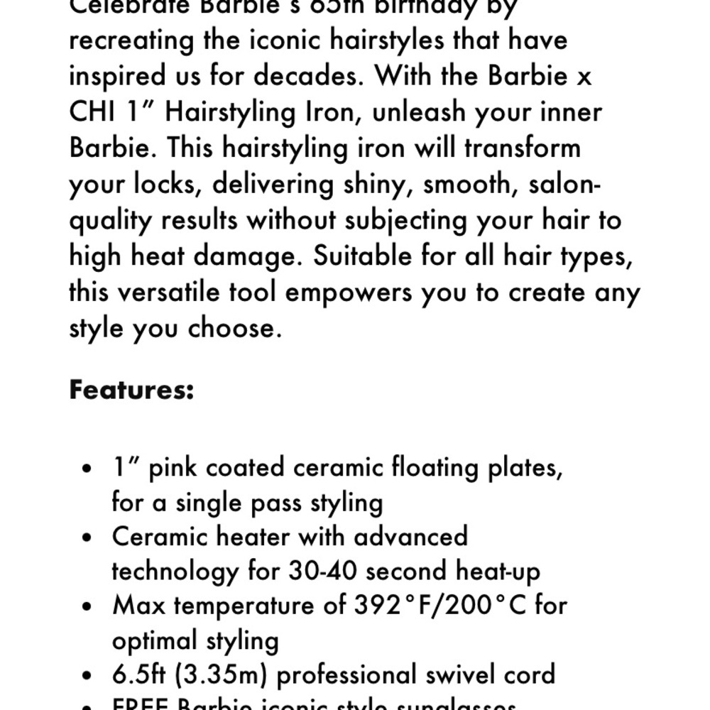 CHI | Barbie Hairstyling Straightener Iron 1” ceramic plates w/ Sunglasses - Picture 4 of 5